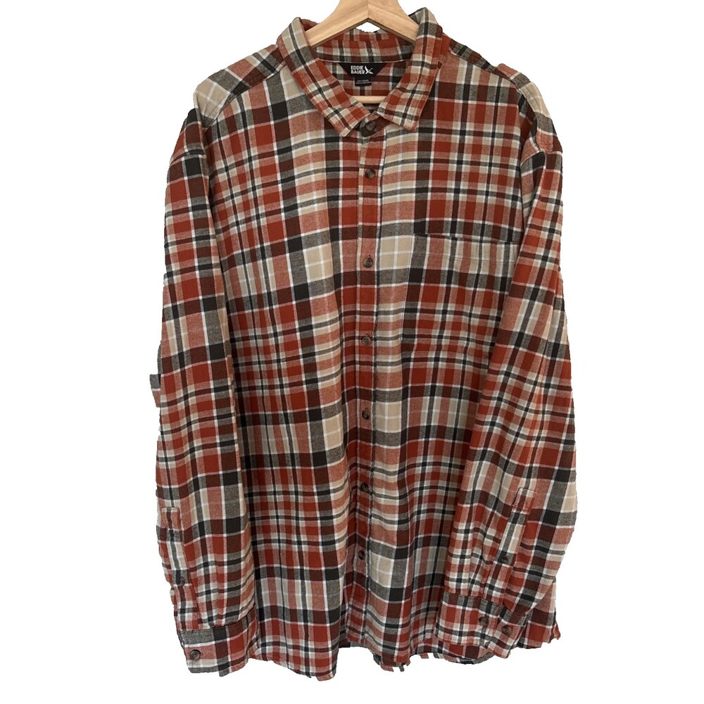 Eddie Bauer Flannel Shirt Mens XXXL Orange Plaid Long Sleeve Button Front Cotton